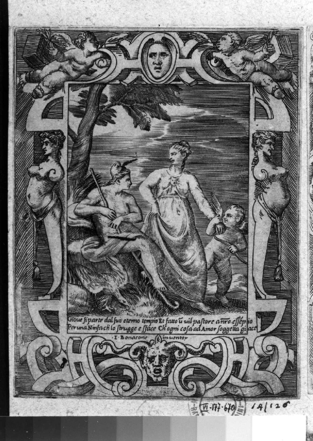 Giove e Mnemosine (stampa smarginata, serie) di Bonasone Giulio (sec. XVI)