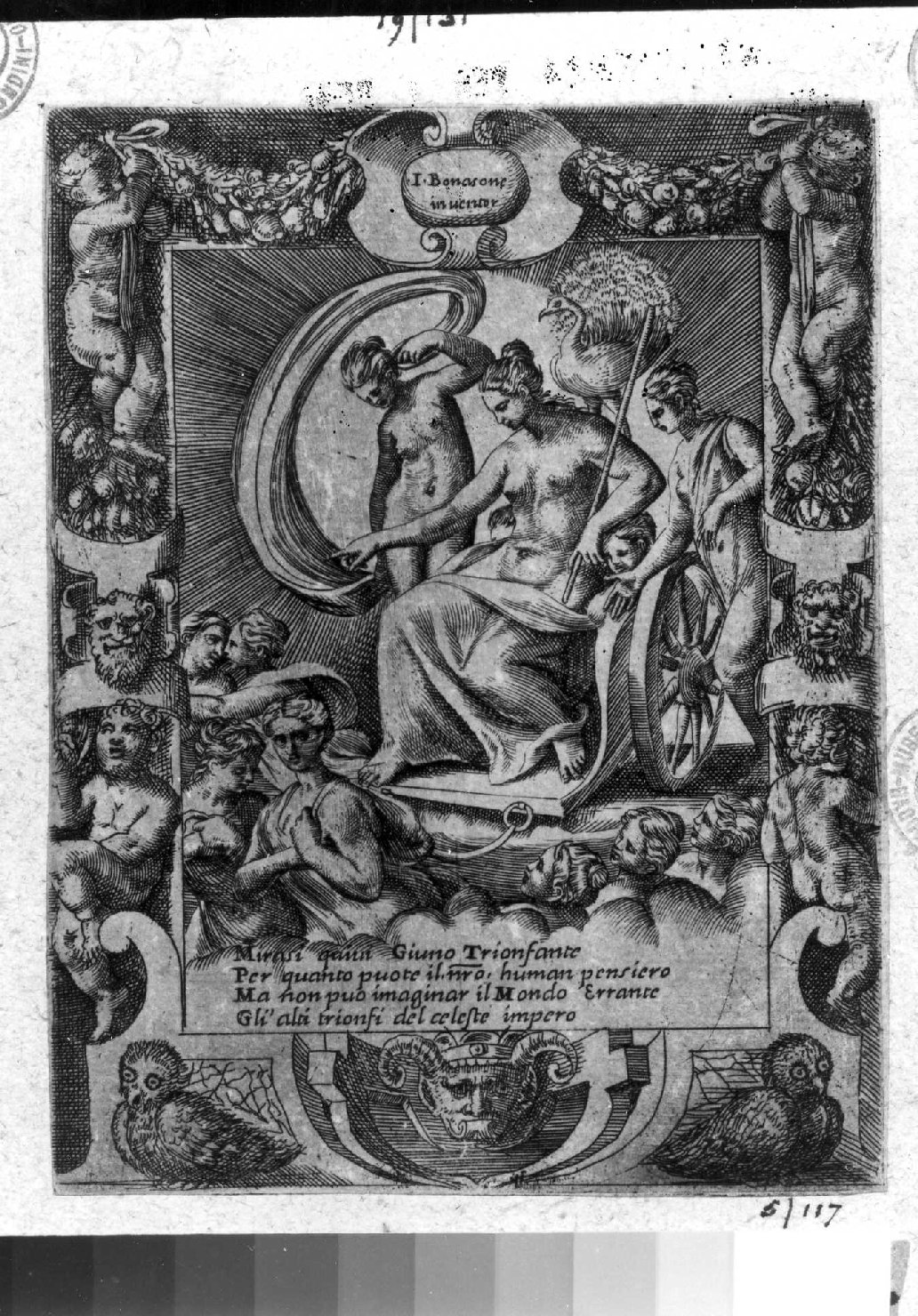 Giunone regina del cielo (stampa smarginata, serie) di Bonasone Giulio (sec. XVI)