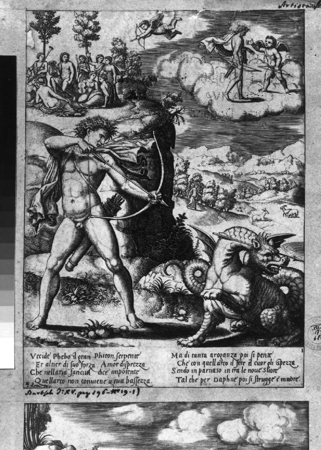 Apollo uccide Pitone (stampa smarginata, serie) di Maestro della B nel Dado, Peruzzi Baldassarre (attribuito) (prima metà sec. XVI)