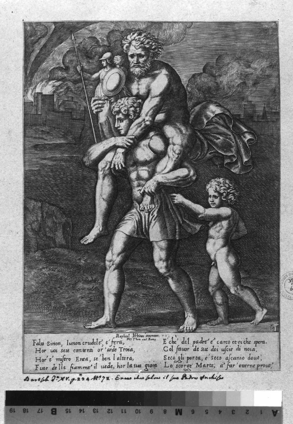 Enea e Anchise fuggono da Troia in fiamme (stampa smarginata) di Sanzio Raffaello, Maestro della B nel Dado (sec. XVI)
