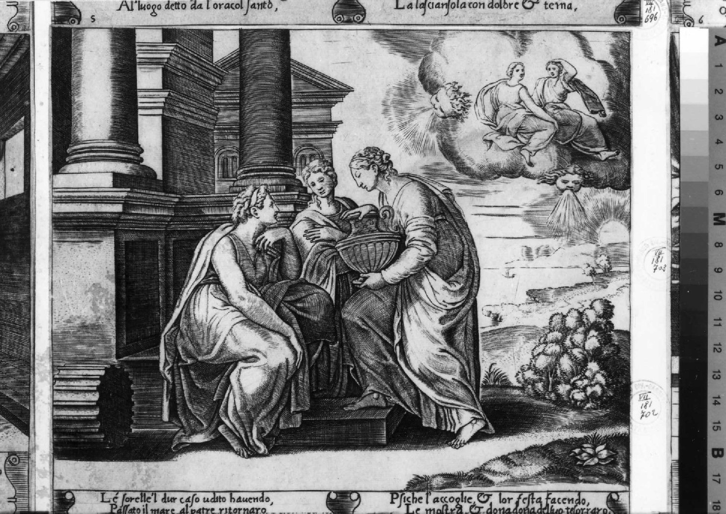 Zefiro conduce le sorelle di Psiche nel palazzo di Cupido (stampa smarginata) di Maestro della B nel Dado, Coxie Michiel I (sec. XVI)