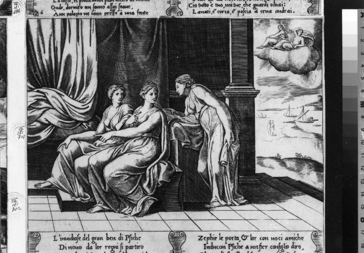 Psiche e le sue sorelle nel palazzo di Cupido (stampa smarginata) di Maestro della B nel Dado, Coxie Michiel I (sec. XVI)