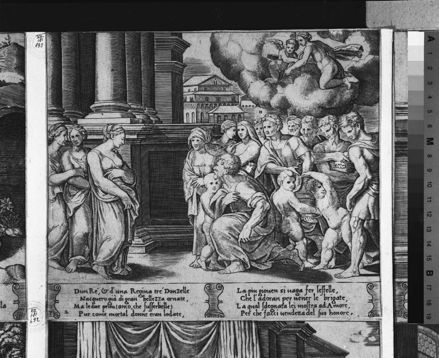 Venere e Cupido meditano vendetta contro Psiche onorata dal popolo (stampa smarginata) di Coxie Michiel I, Maestro della B nel Dado (sec. XVI)
