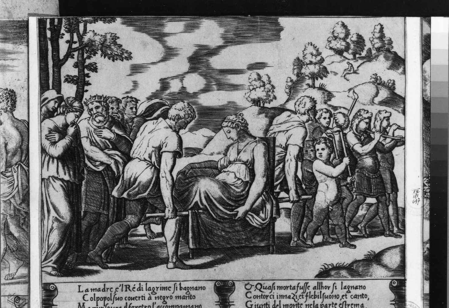 Psiche condotta al monte in corteo funebre (stampa smarginata) di Coxie Michiel I, Maestro della B nel Dado (sec. XVI)