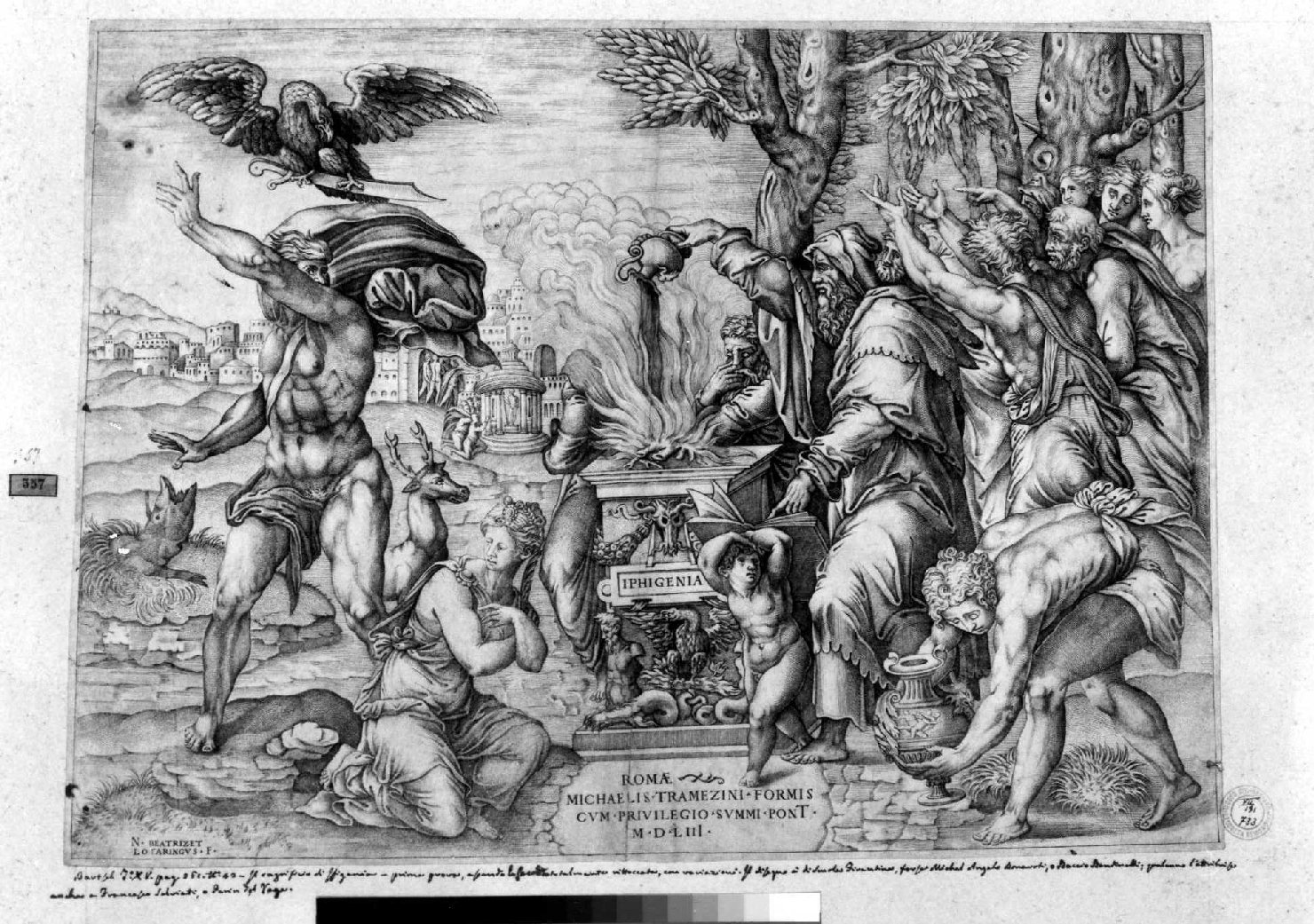 sacrificio di Ifigenia (stampa smarginata) di Beatrizet Nicolas, Salviati Francesco (attribuito) (sec. XVI)