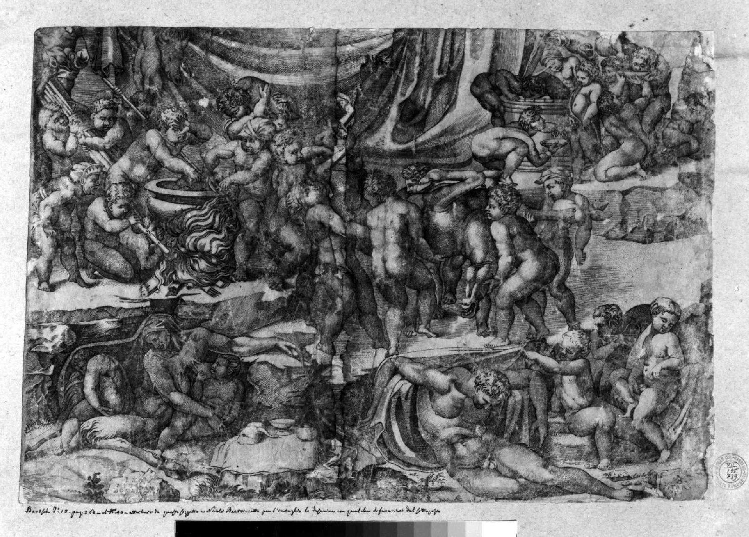 baccanale di putti (stampa smarginata) di Beatrizet Nicolas, Buonarroti Michelangelo (sec. XVI)