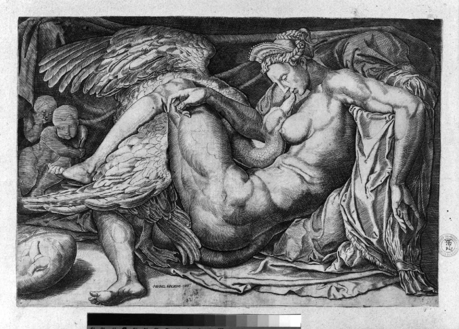 Leda e il cigno (stampa smarginata) di Beatrizet Nicolas, Buonarroti Michelangelo (sec. XVI)