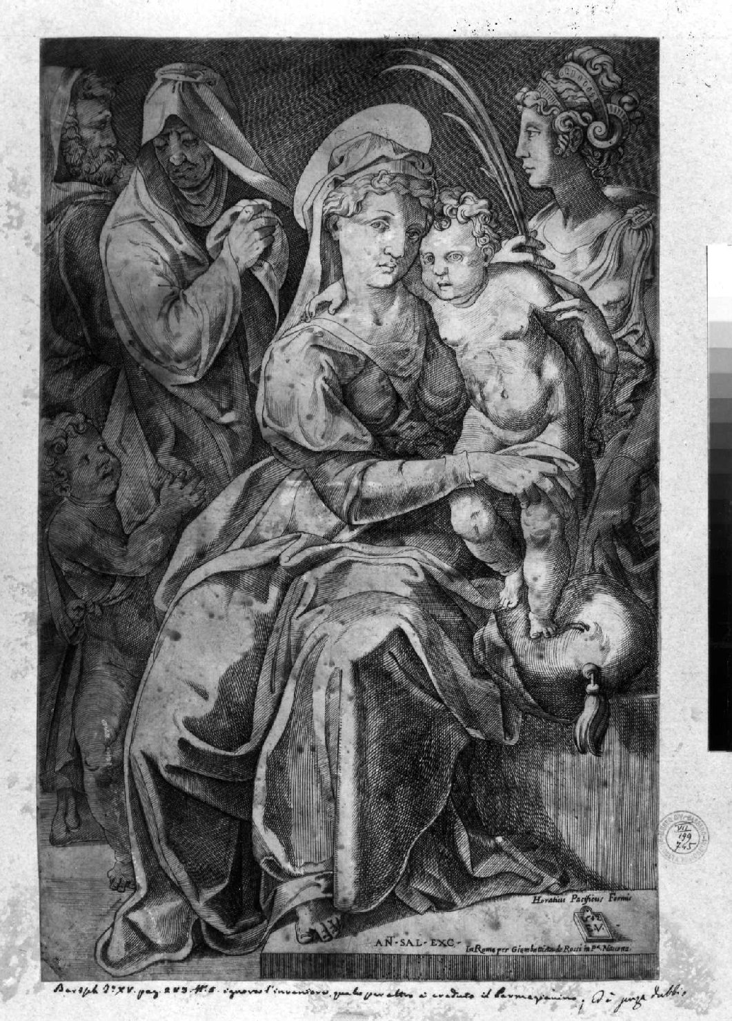 Sacra Famiglia con Sant'Anna, San Giovanni Battista bambino e Santa Caterina d'Alessandria (stampa smarginata) di Vico Enea, Sanzio Raffaello (sec. XVII)