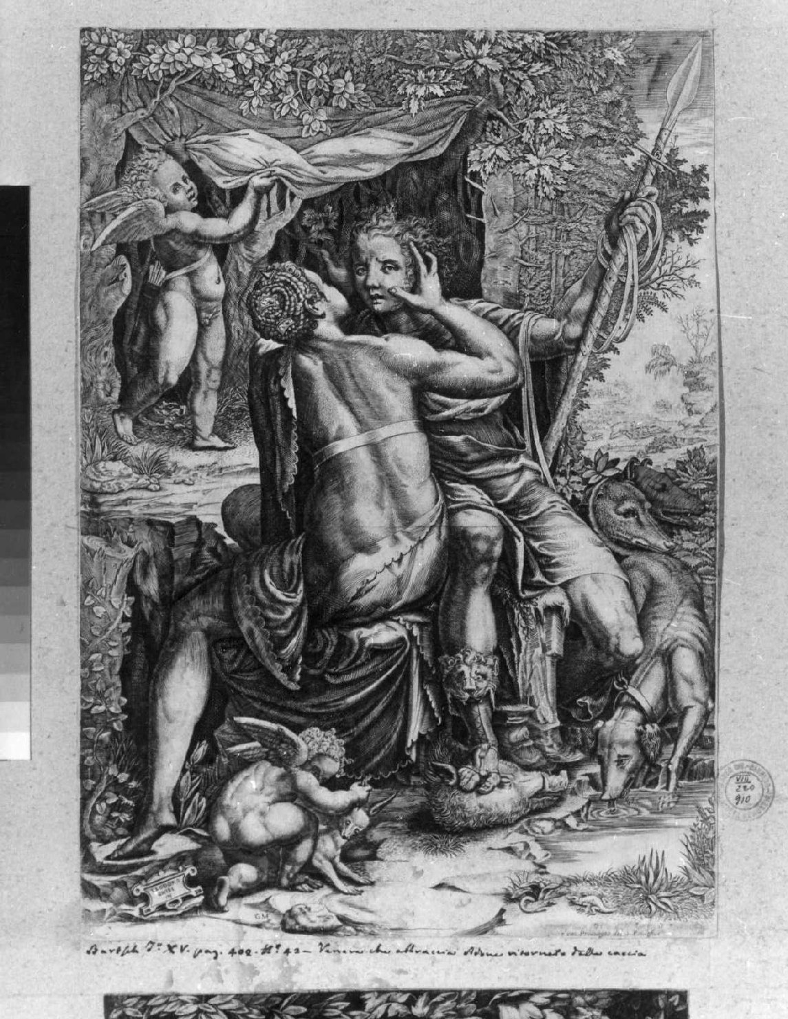 Venere tenta di trattenere Adone dall'andare a caccia (stampa smarginata) di Ghisi Giorgio, Ghisi Teodoro (sec. XVI)
