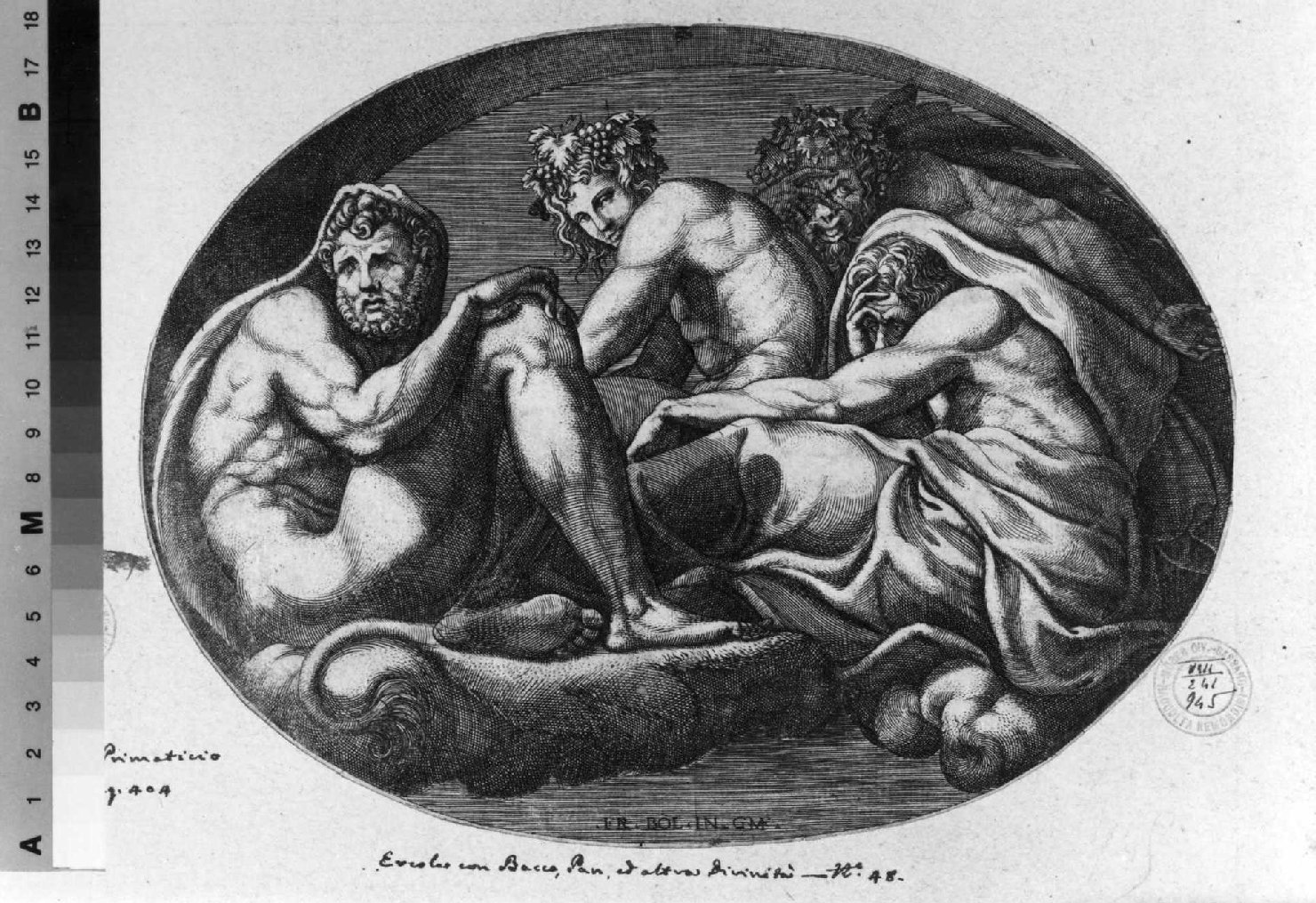 Ercole, Bacco, Pan e Mida (stampa tagliata, serie) di Primaticcio Francesco, Ghisi Giorgio (sec. XVI)