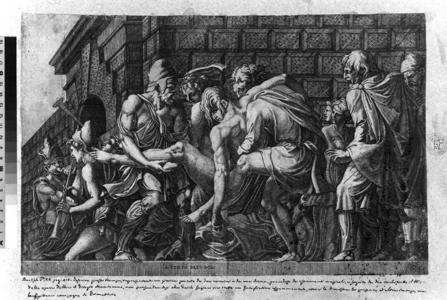 Paride ferito portato sotto le mura di Troia (stampa smarginata) di Ghisi Giorgio (attribuito), Primaticcio Francesco (sec. XVI)