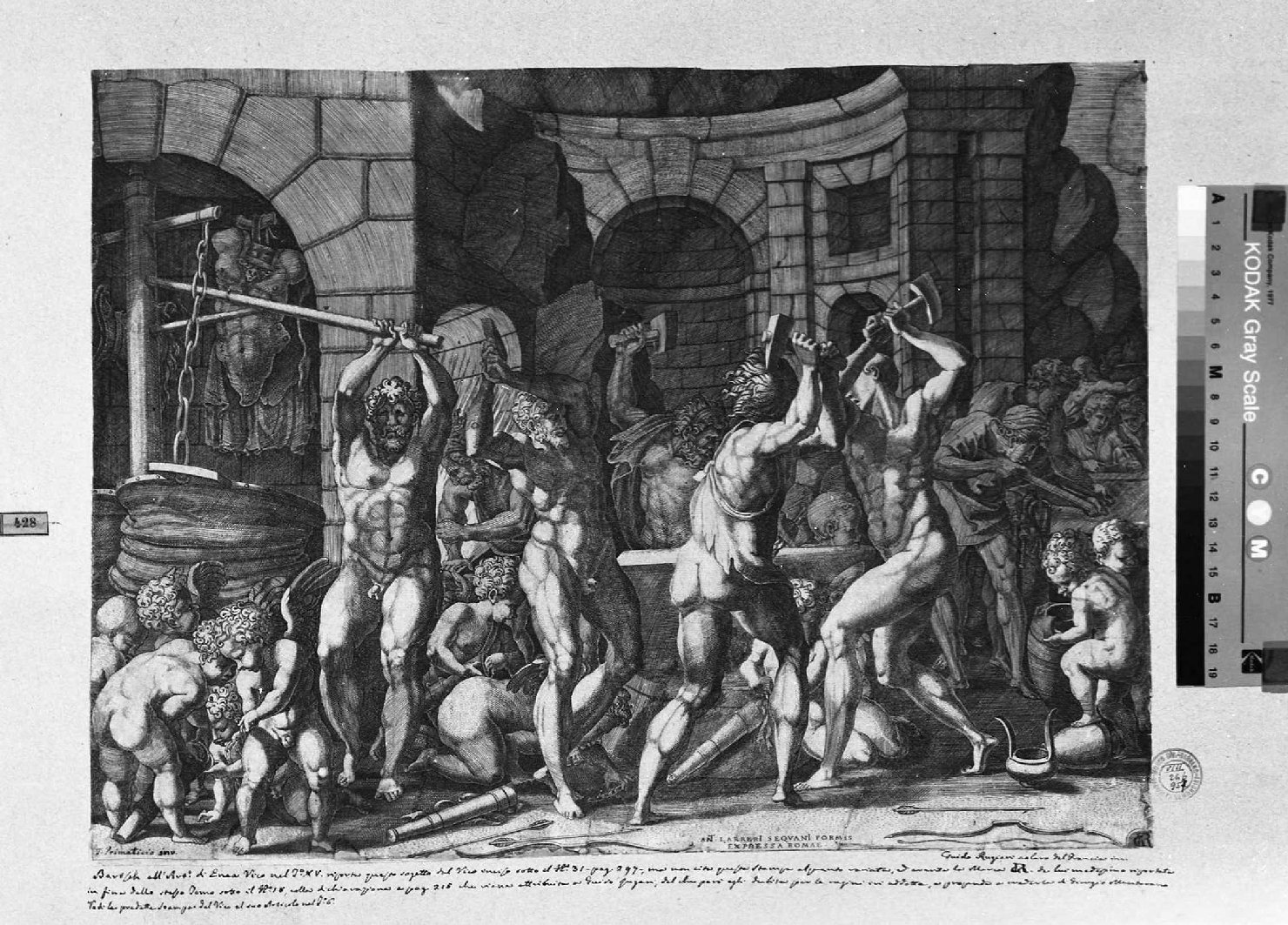 Vulcano forgia le ali e le frecce di Cupido (stampa smarginata) di Maestro F. G (attribuito), Primaticcio Francesco (sec. XVI)