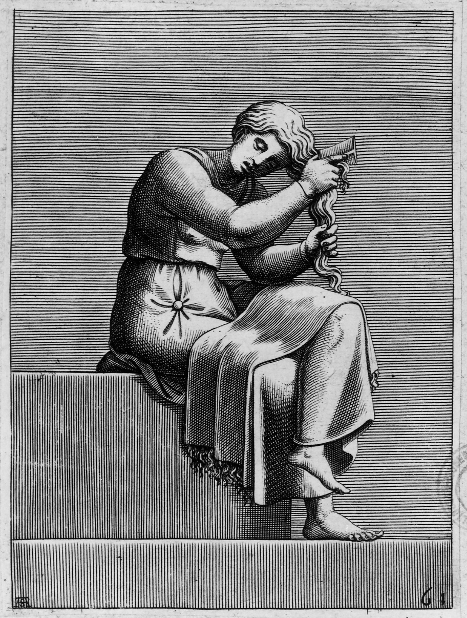 donna che si pettina (stampa smarginata) di Scultori Adamo, Buonarroti Michelangelo (sec. XVI)