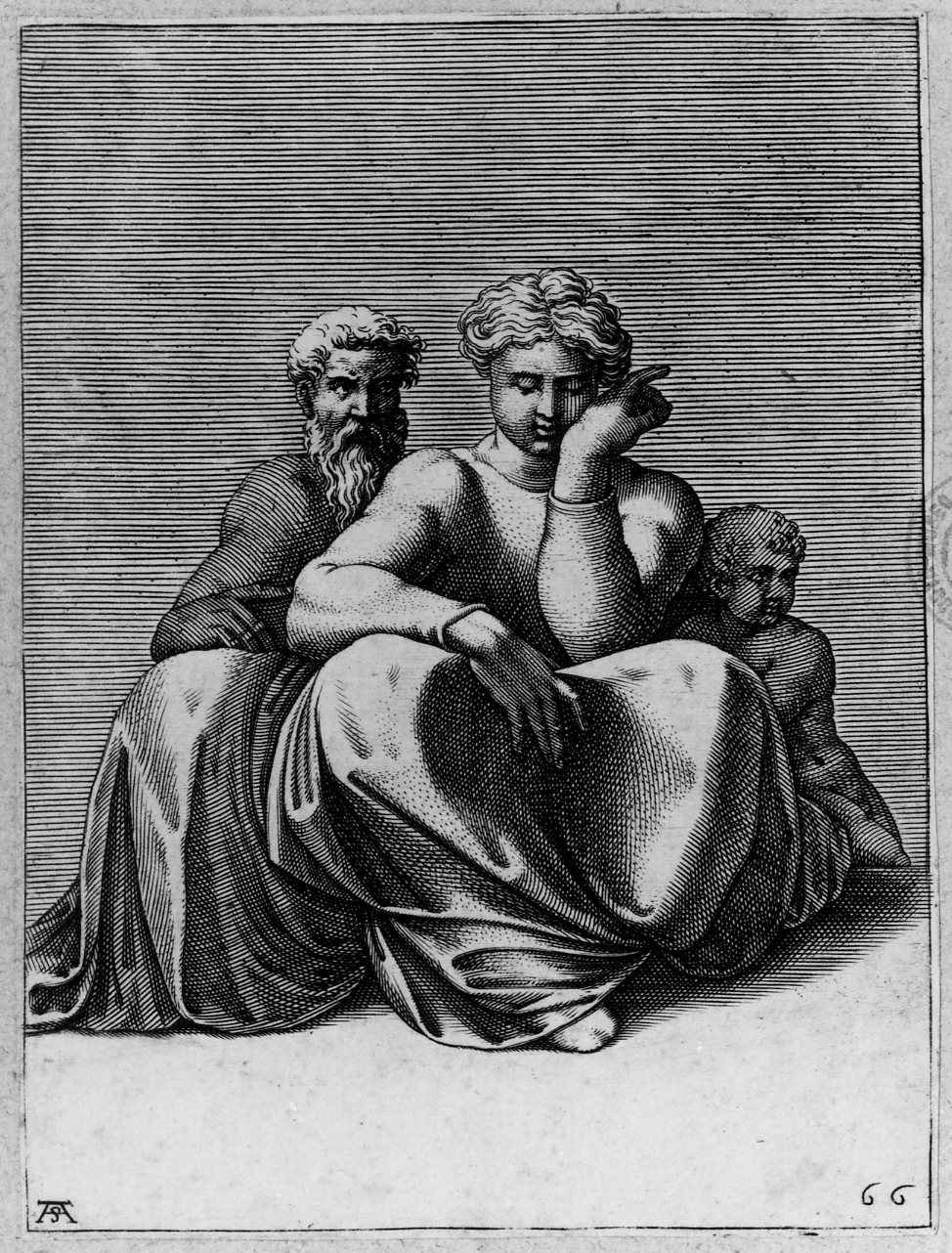 Obed con la moglie e Iesse (stampa smarginata) di Scultori Adamo, Buonarroti Michelangelo (sec. XVI)
