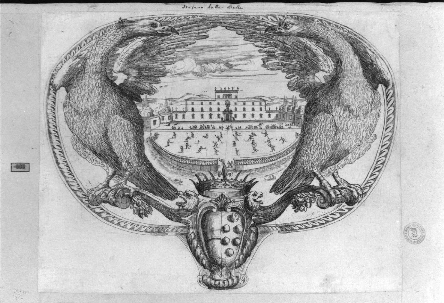 veduta di una villa con scena di gioco (stampa smarginata) di Della Bella Stefano (attribuito) (secondo quarto sec. XVII)