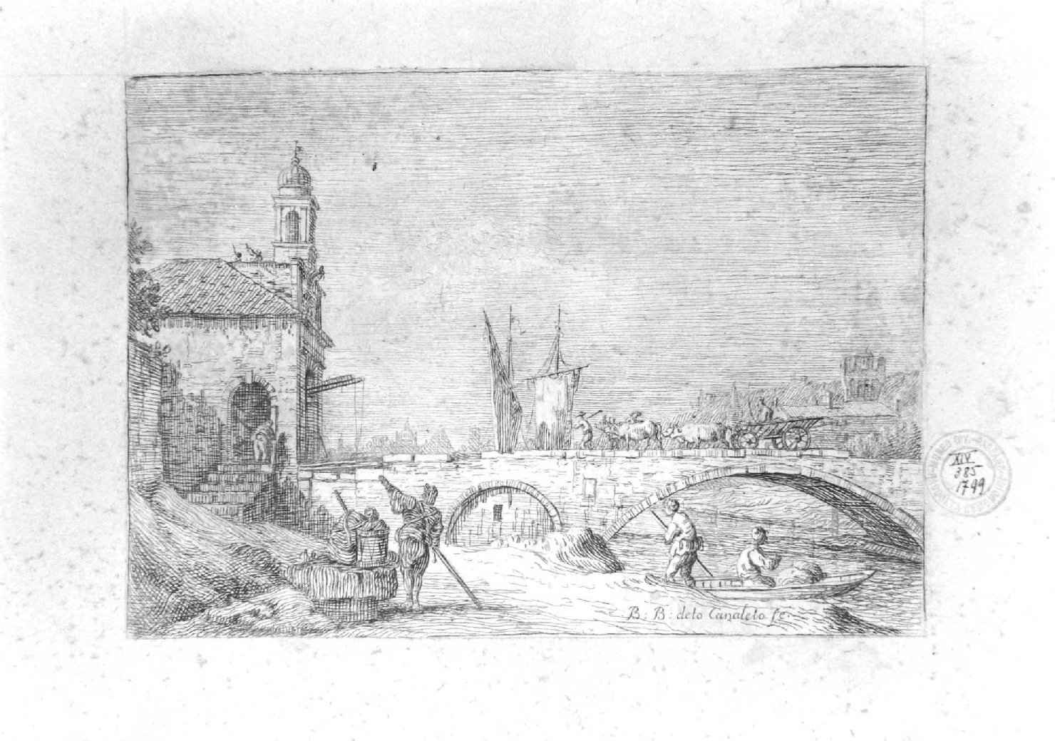capriccio con ponte (stampa smarginata) di Bellotto Bernardo (sec. XVIII)