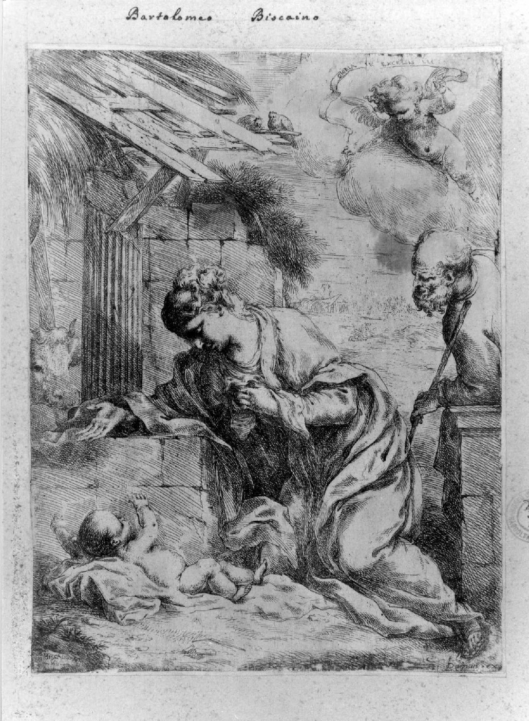 Madonna e San Giuseppe in adorazione di Gesù Bambino (stampa) di Biscaino Bartolomeo (prima metà sec. XVIII)