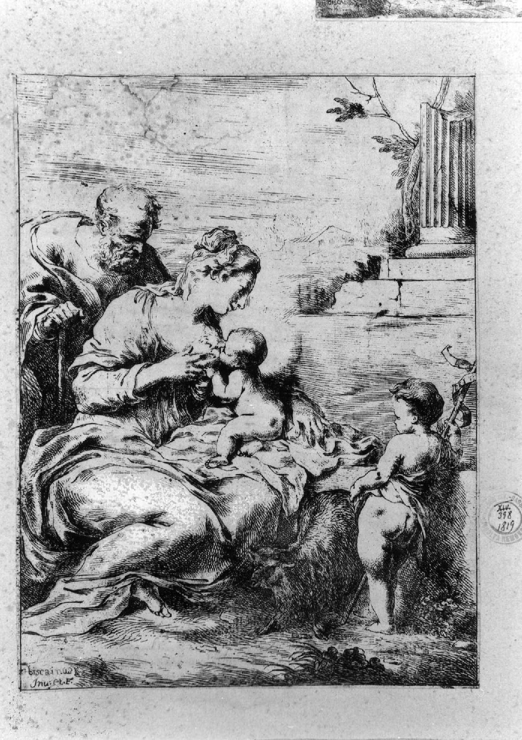 Sacra Famiglia con San Giovanni Battista bambino (stampa smarginata) di Biscaino Bartolomeo (sec. XVII)