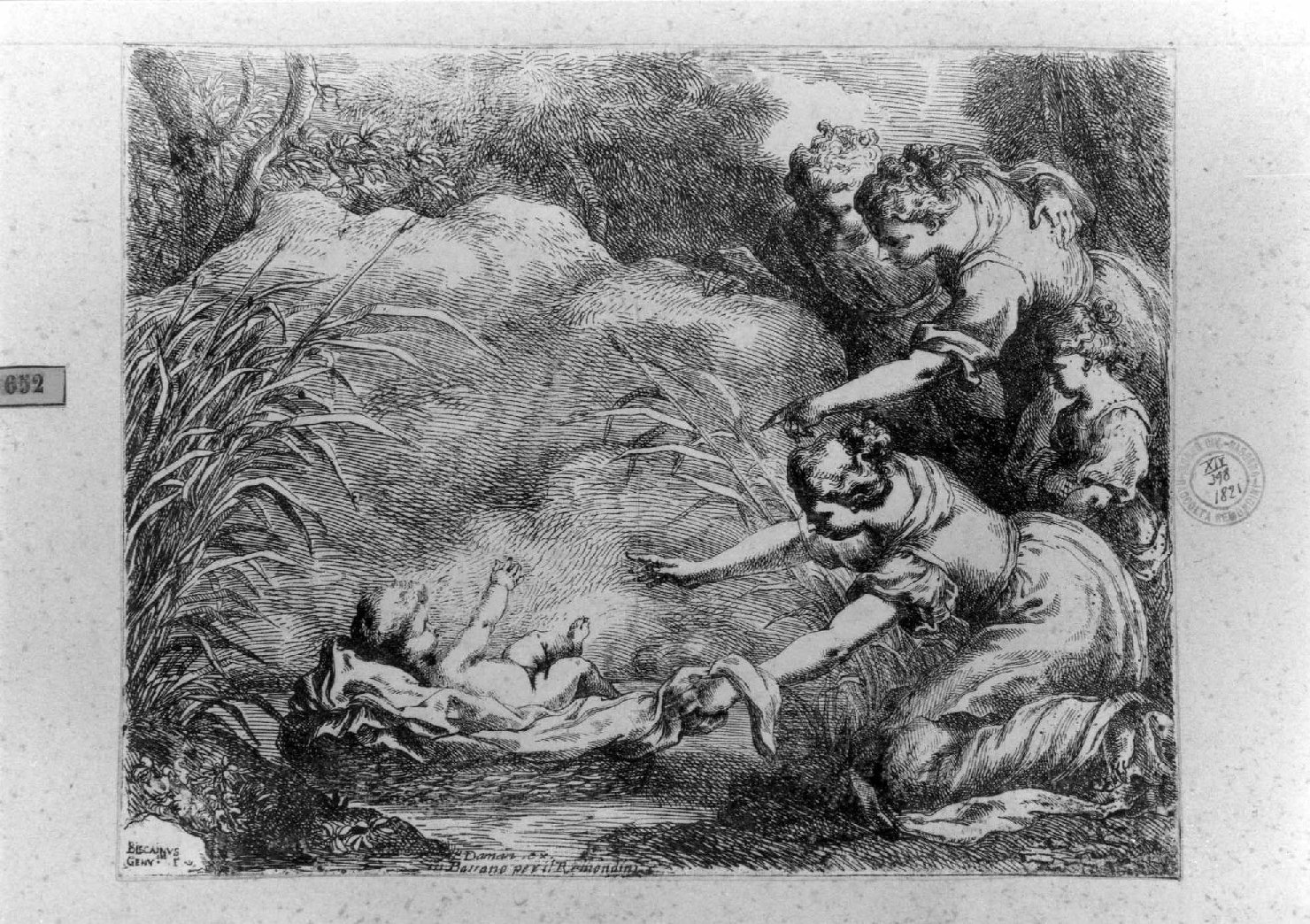 Mosè salvato dalle acque (stampa) di Biscaino Bartolomeo (sec. XVIII)