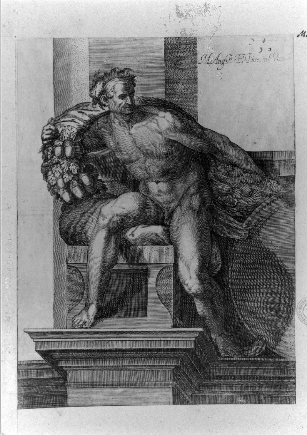 figura maschile seduta (stampa smarginata, serie) di Alberti Cherubino, Buonarroti Michelangelo (sec. XVII)