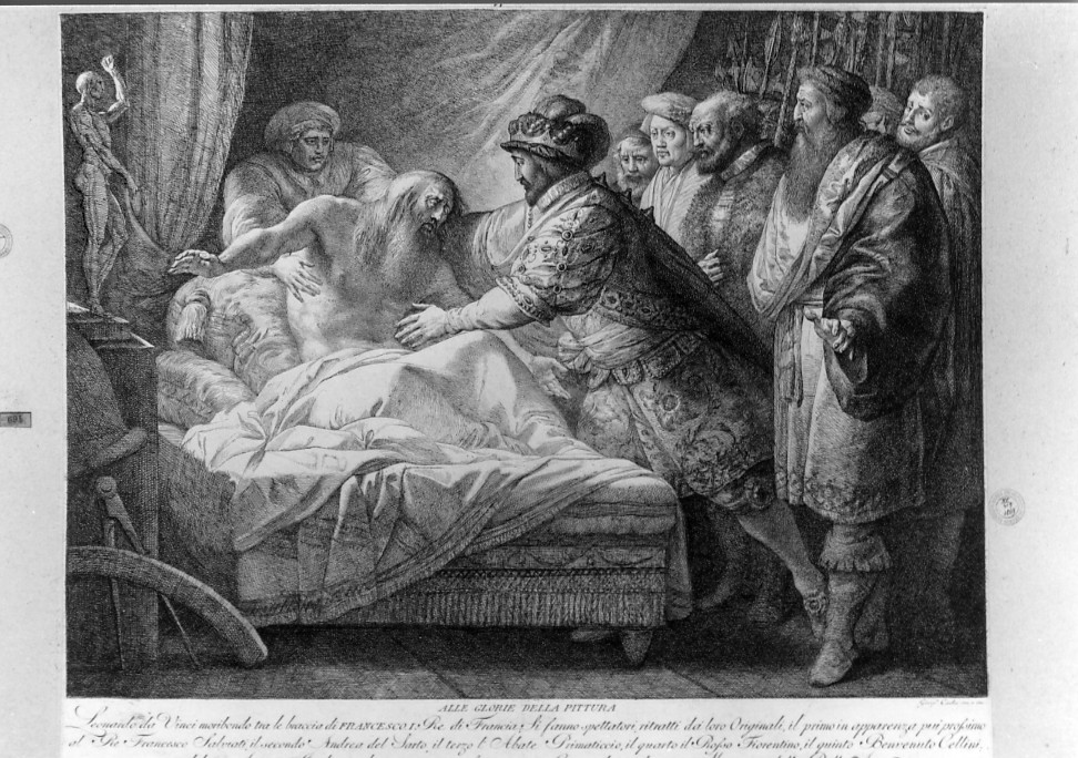 Leonardo da Vinci morente (stampa smarginata) di Cades Giuseppe (sec. XVIII)