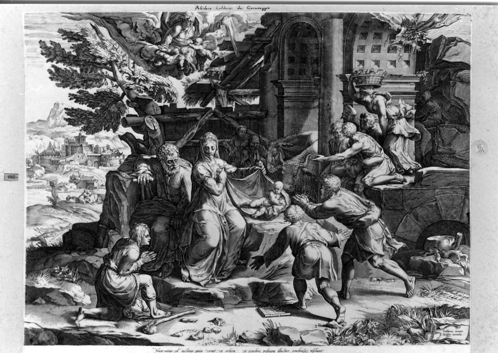 adorazione dei pastori (stampa) di Sadeler Jan il Vecchio, Polidoro da Caravaggio (attribuito) (sec. XVI)