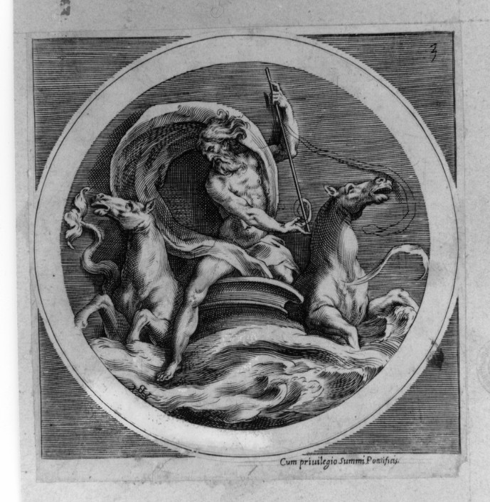 Nettuno sul suo carro come re del mare (stampa smarginata, serie) di Alberti Cherubino, Polidoro da Caravaggio (sec. XVI)