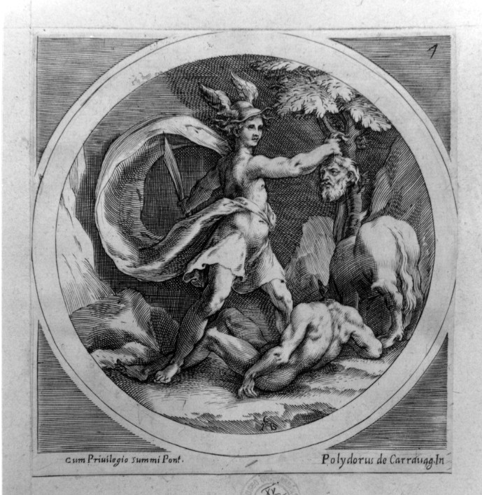 Mercurio decapita Argo (stampa smarginata, serie) di Alberti Cherubino, Polidoro da Caravaggio (sec. XVI)