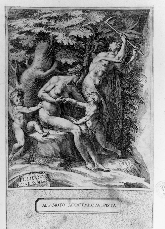 Adamo coltiva la terra mentre Eva allatta i bambini (stampa smarginata) di Alberti Cherubino, Polidoro da Caravaggio (sec. XVII)