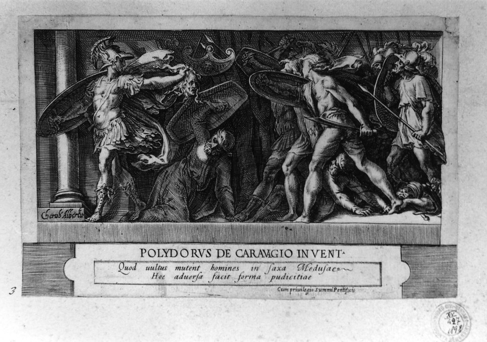Perseo con la testa di Medusa (stampa smarginata, serie) di Alberti Cherubino, Polidoro da Caravaggio (sec. XVII)