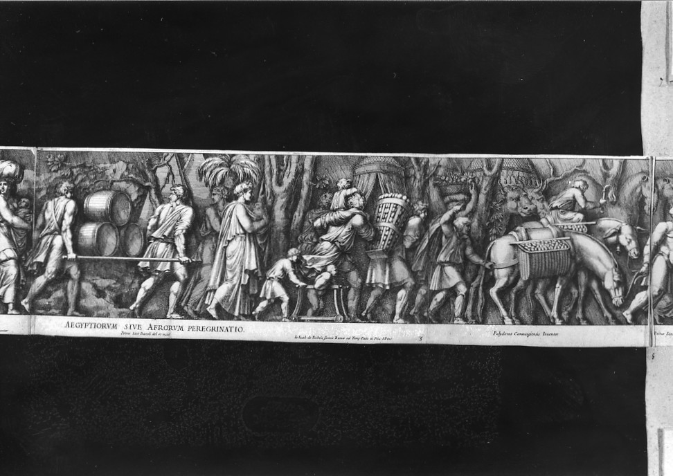 esodo degli ebrei dall'Egitto (stampa smarginata, stampa composita) di Bartoli Pietro Sante, Polidoro da Caravaggio (seconda metà sec. XVII)