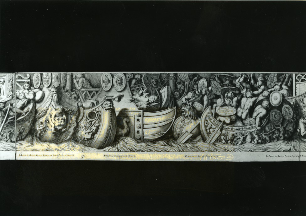battaglia navale (stampa smarginata, stampa composita) di Bartoli Pietro Sante, Polidoro da Caravaggio (seconda metà sec. XVII)