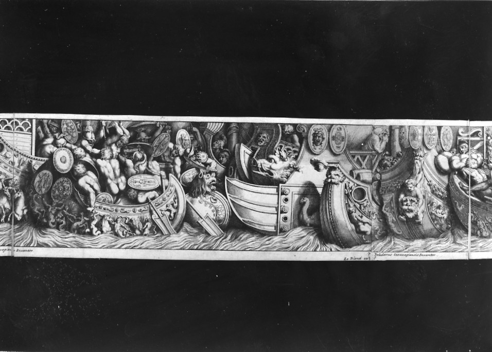 battaglia navale (stampa smarginata, stampa composita) di Polidoro da Caravaggio (sec. XVIII)