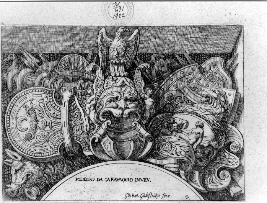 trofeo di armi (stampa smarginata, serie) di Polidoro da Caravaggio, Galestruzzi Giovan Battista (sec. XIX)