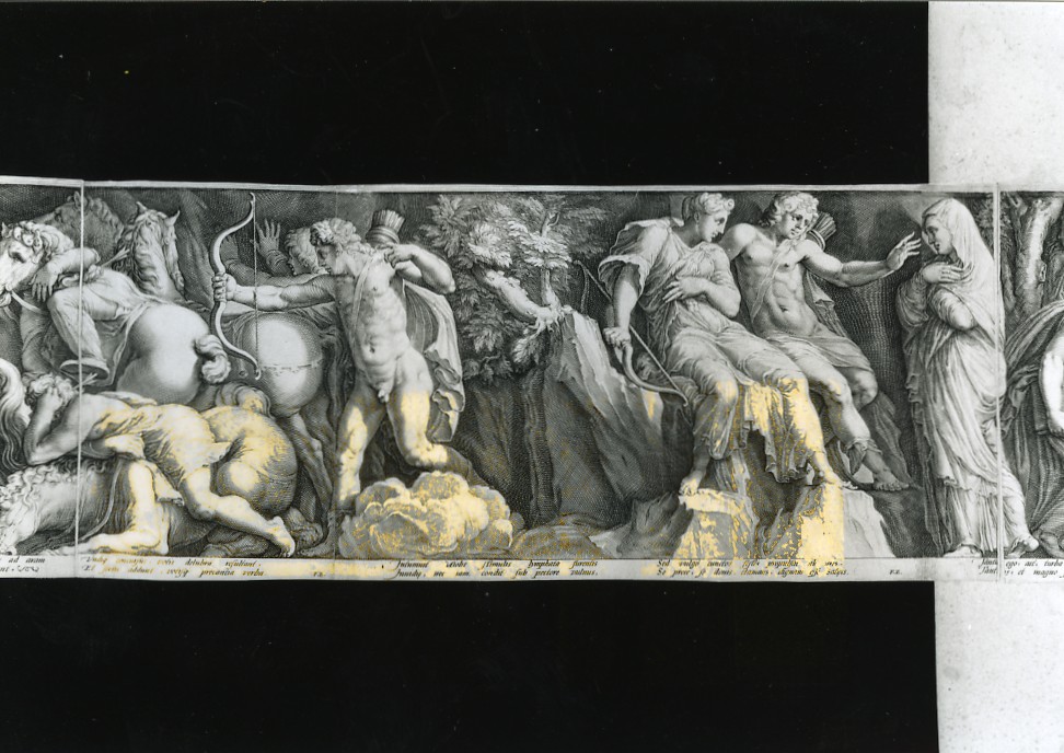 Apollo uccide i figli di Niobe (stampa smarginata, stampa composita) di Polidoro da Caravaggio, Goltzius Hendrick, Saenredam Jan Pietersz (sec. XVI)