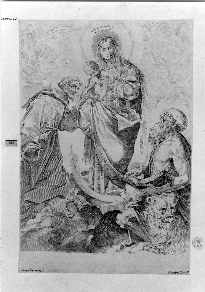 Madonna con Bambino in gloria con San Francesco d'Assisi e San Girolamo (stampa smarginata) di Torri Flaminio, Carracci Ludovico (sec. XVI)