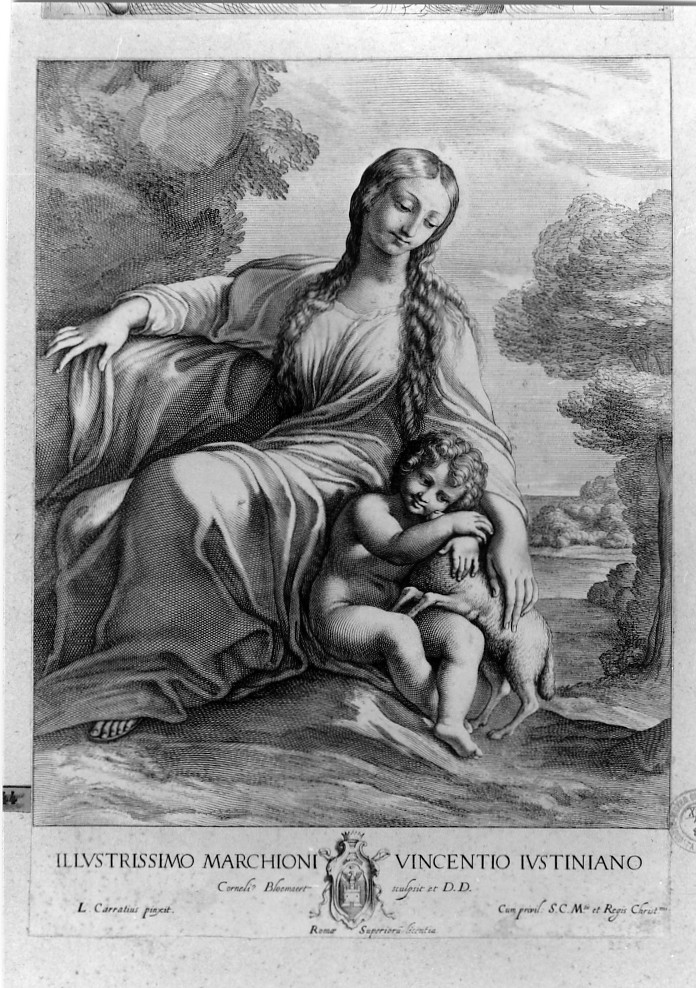 Madonna con Bambino che gioca con l'agnello (stampa smarginata) di Carracci Ludovico, Bloemaert Cornelis il Giovane (sec. XVII)