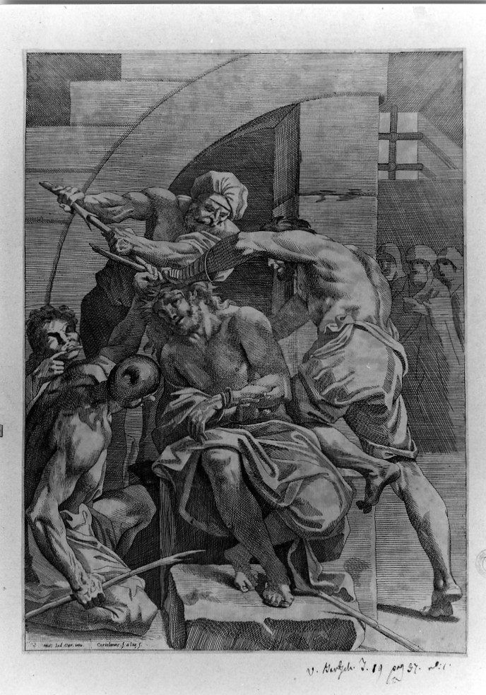 incoronazione di spine (stampa smarginata) di Coriolano Giovanni Battista, Carracci Ludovico, Cavedone Giacomo (sec. XVII)