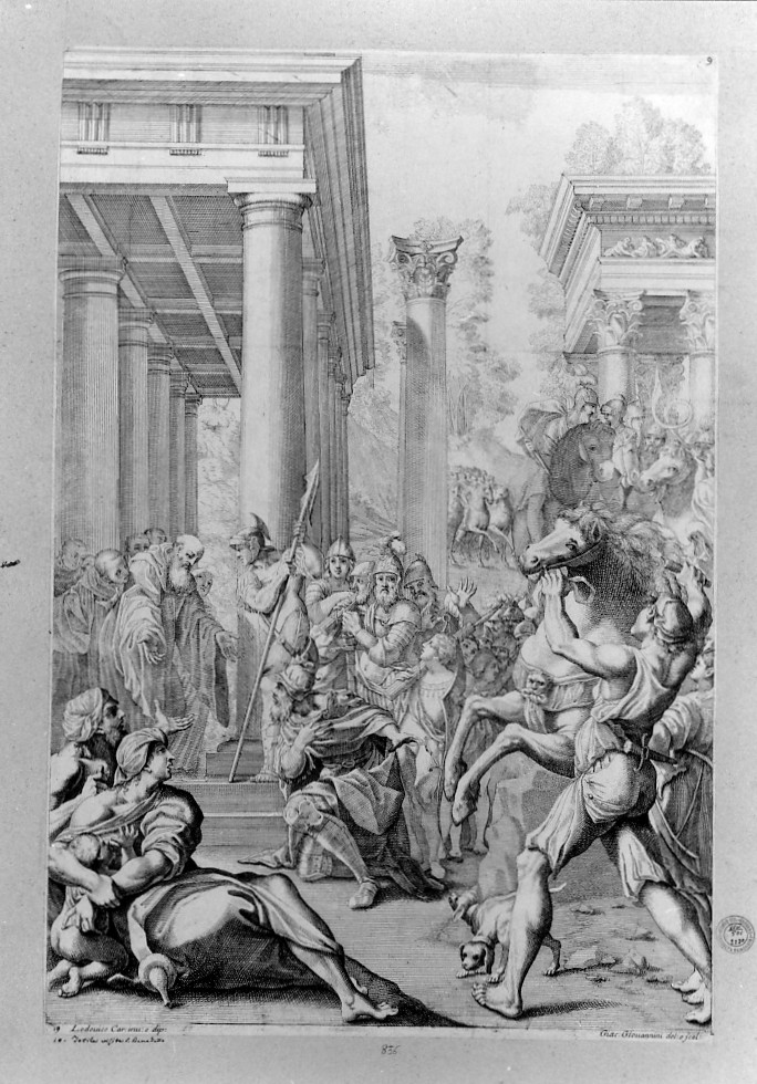 San Benedetto riceve la visita di Totila (stampa smarginata) di Giovannini Giacomo, Carracci Ludovico (sec. XVII)