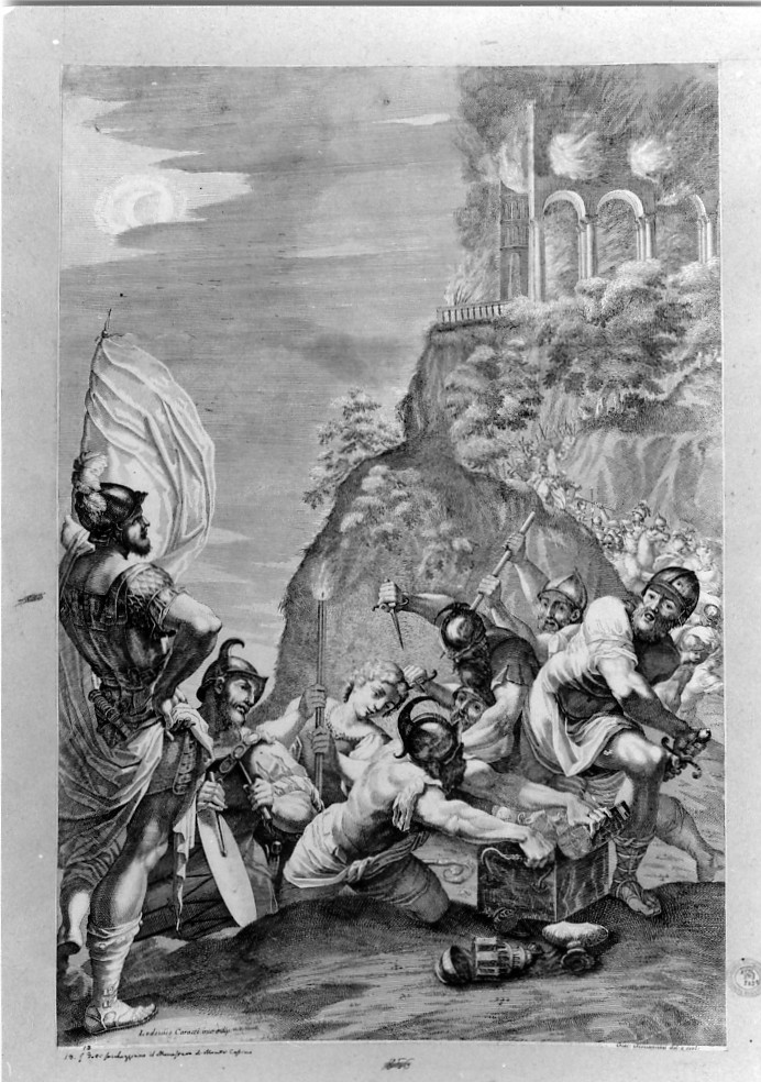 Goti saccheggiano il monastero di Monte Cassino (stampa smarginata) di Giovannini Giacomo, Carracci Ludovico (sec. XVII)