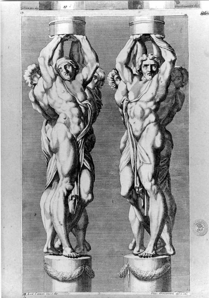 statue di figure maschili nude (stampa smarginata) di Giovannini Giacomo, Carracci Ludovico (sec. XVII)