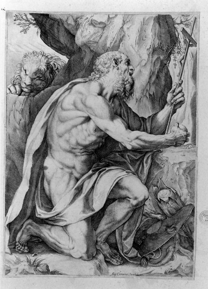 San Girolamo penitente (stampa smarginata) di Carracci Agostino, Brizio Francesco (sec. XVII)