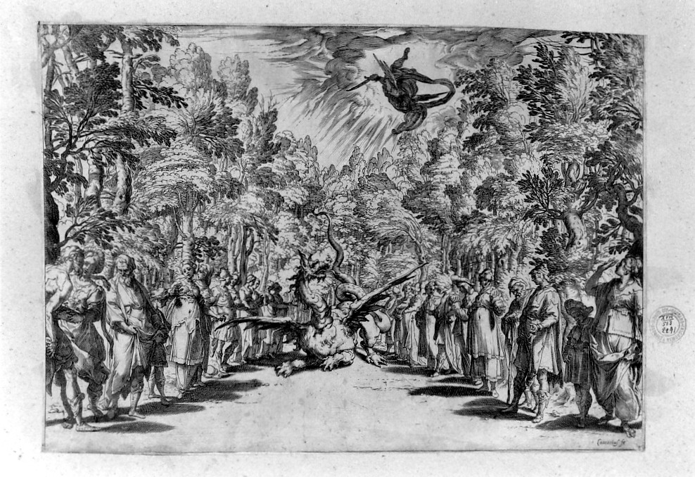 Apollo e il pitone (stampa smarginata, serie) di Carracci Agostino (sec. XVI)