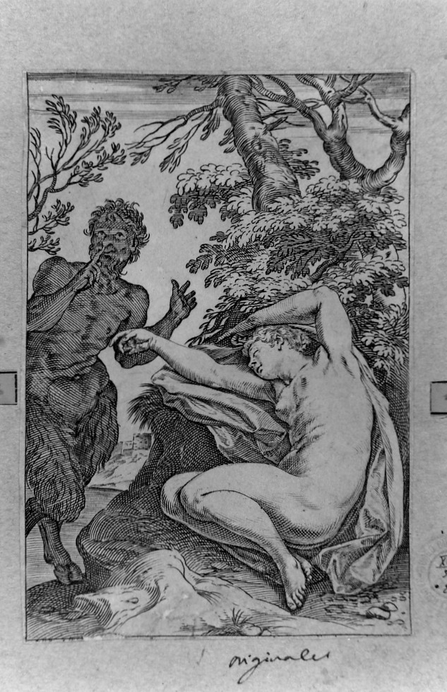 Satiro scopre una ninfa dormiente (stampa smarginata, serie) di Carracci Agostino (sec. XVI)