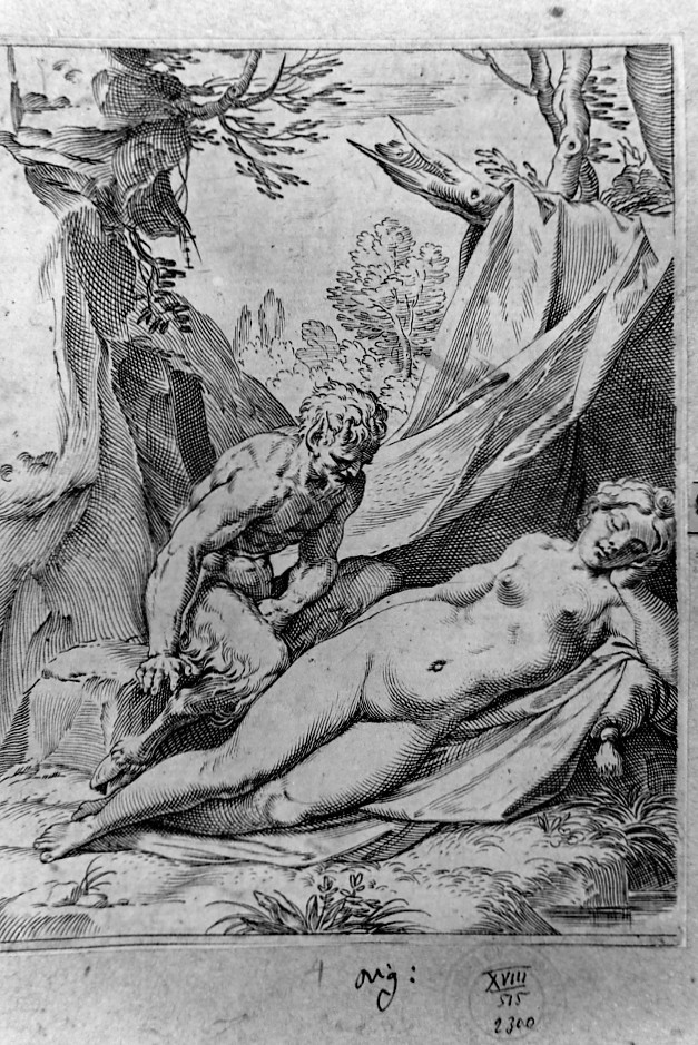 Satiro scopre una ninfa dormiente (stampa smarginata, serie) di Carracci Agostino (sec. XVI)