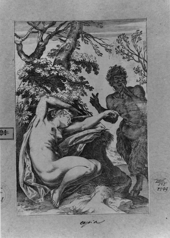 Satiro scopre una ninfa dormiente (stampa smarginata, serie) di Carracci Agostino (sec. XVI)