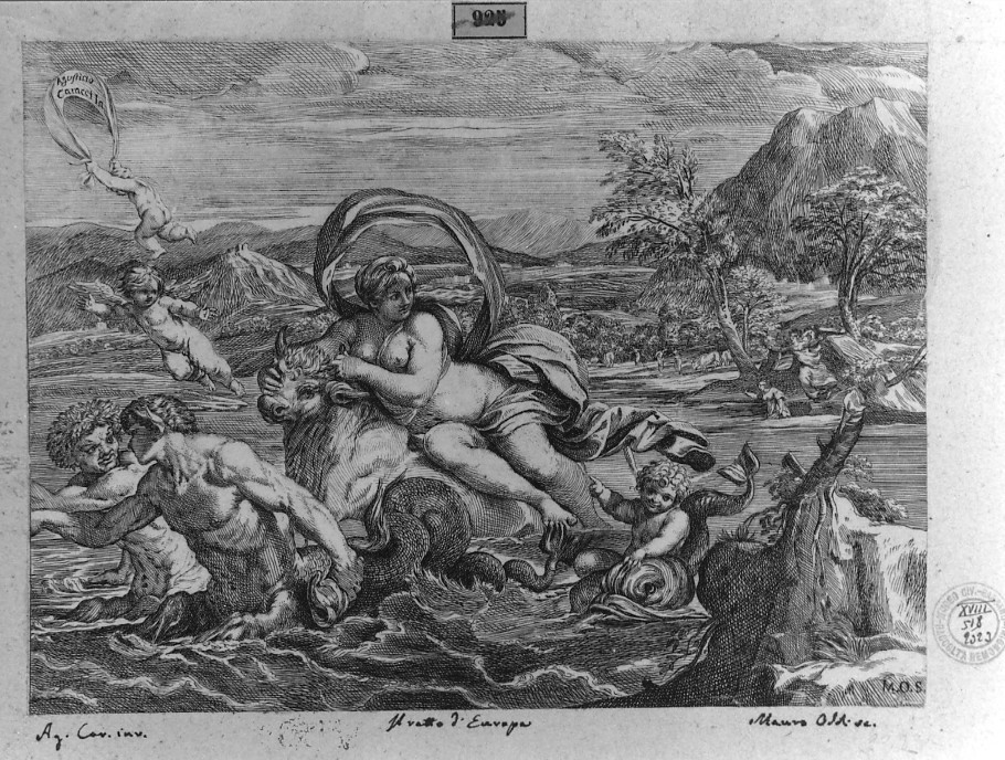 ratto di Europa (stampa smarginata) di Carracci Agostino, Oddi Mauro (sec. XVIII)