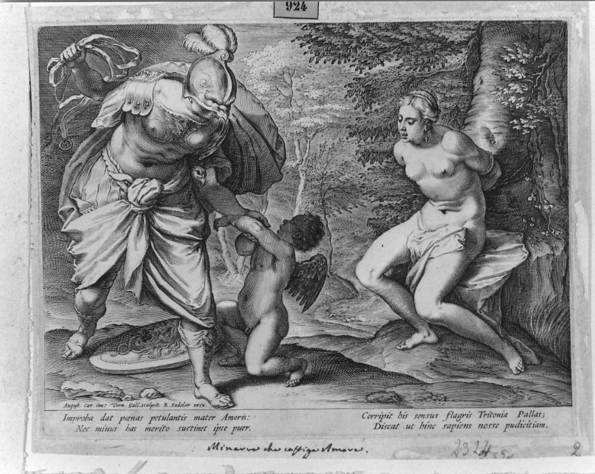 Minerva castiga Cupido (stampa) di Carracci Agostino, Galb. Cornelio (ultimo quarto sec. XVI)