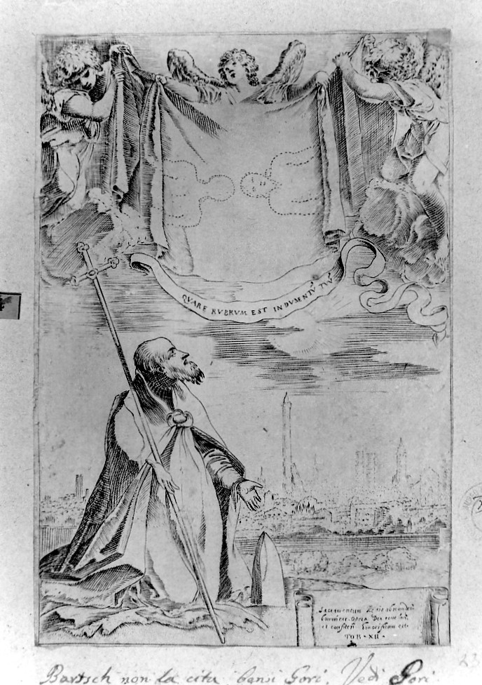 Alfonso Paleotti adora il sudario (stampa smarginata) di Carracci Ludovico, Brizio Francesco (sec. XVI)