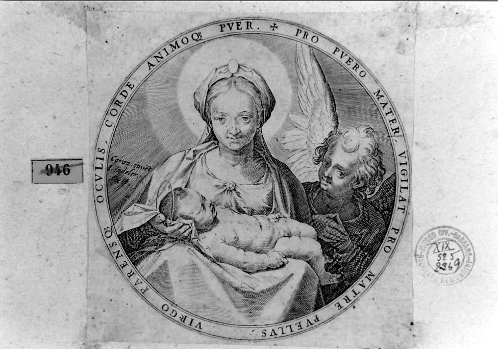 Madonna con Bambino e un angelo (stampa smarginata) di Sadeler Justus, Carracci Annibale (sec. XVI)